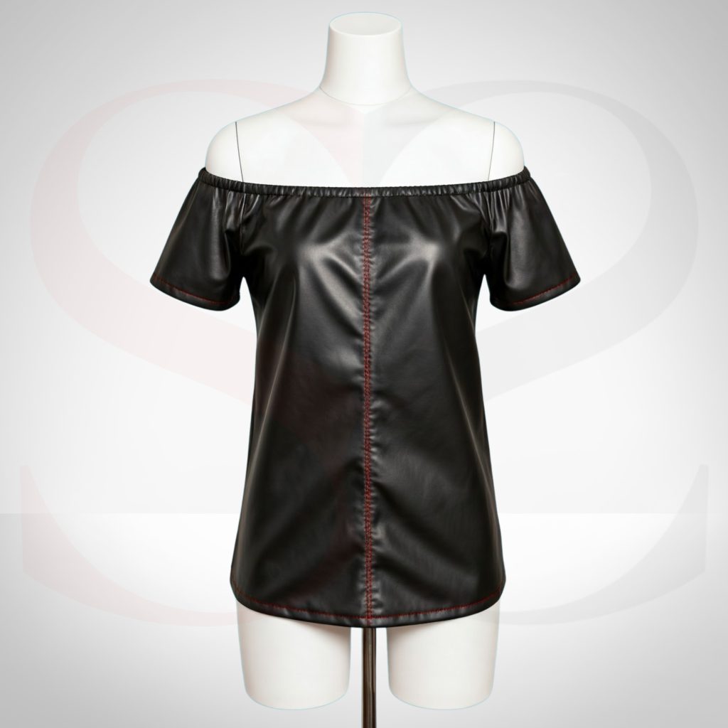 Black Leather Off Shoulder Dressy Top With Red Stitch