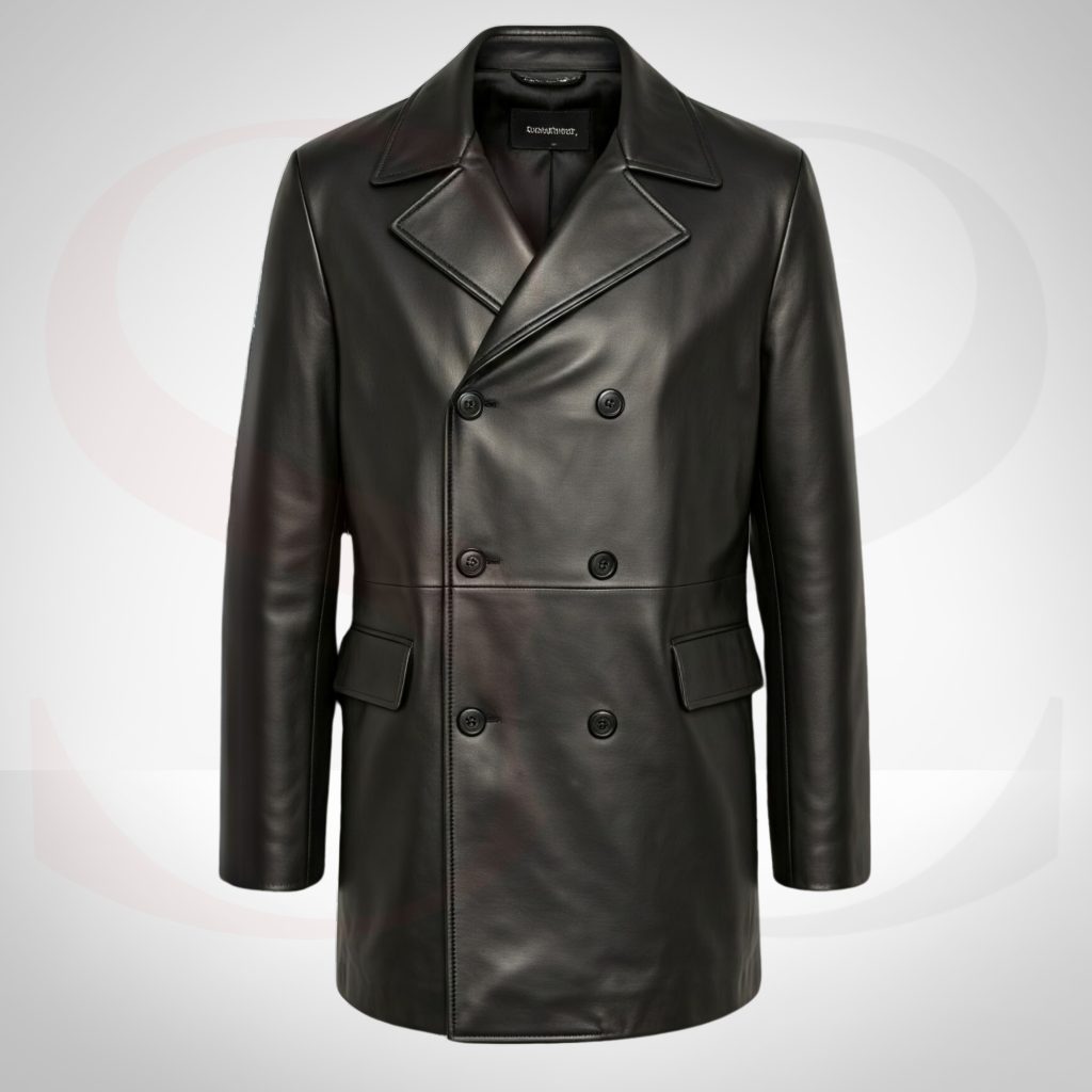 Double-Breasted Style Ladies Leather Long Coat