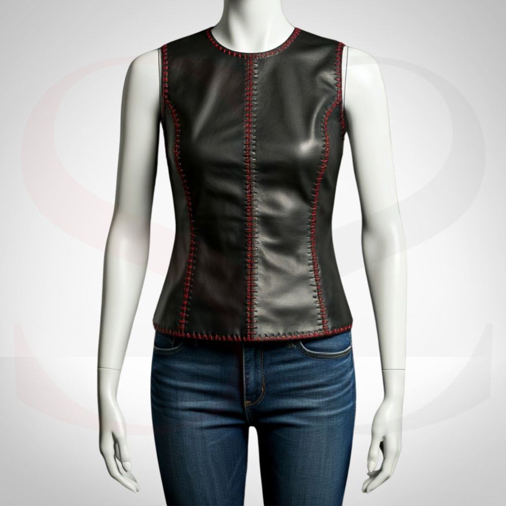 Black Leather Tank Blouse With Red Stitch