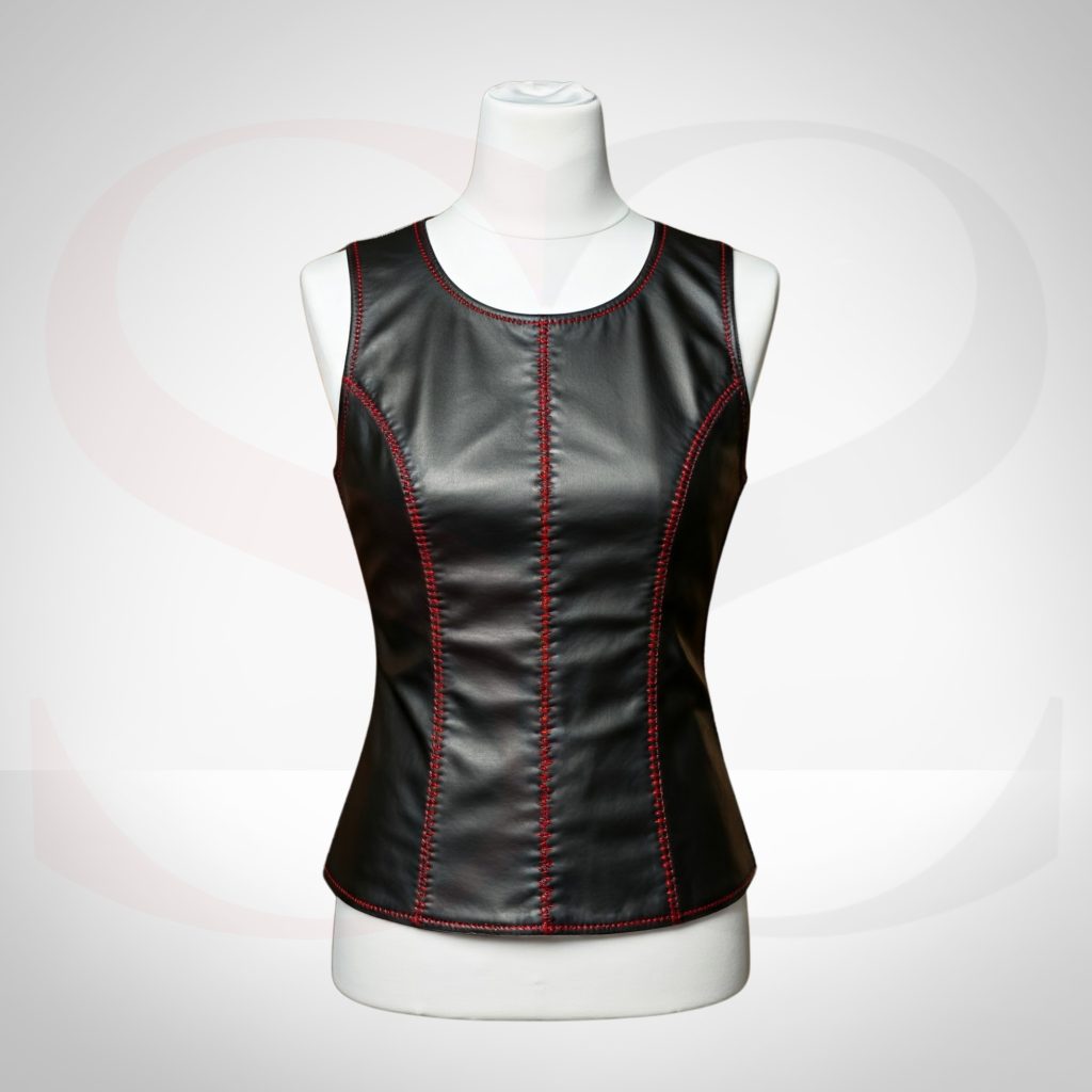 Black Genuine Leather A Tank Top With Red Stitch