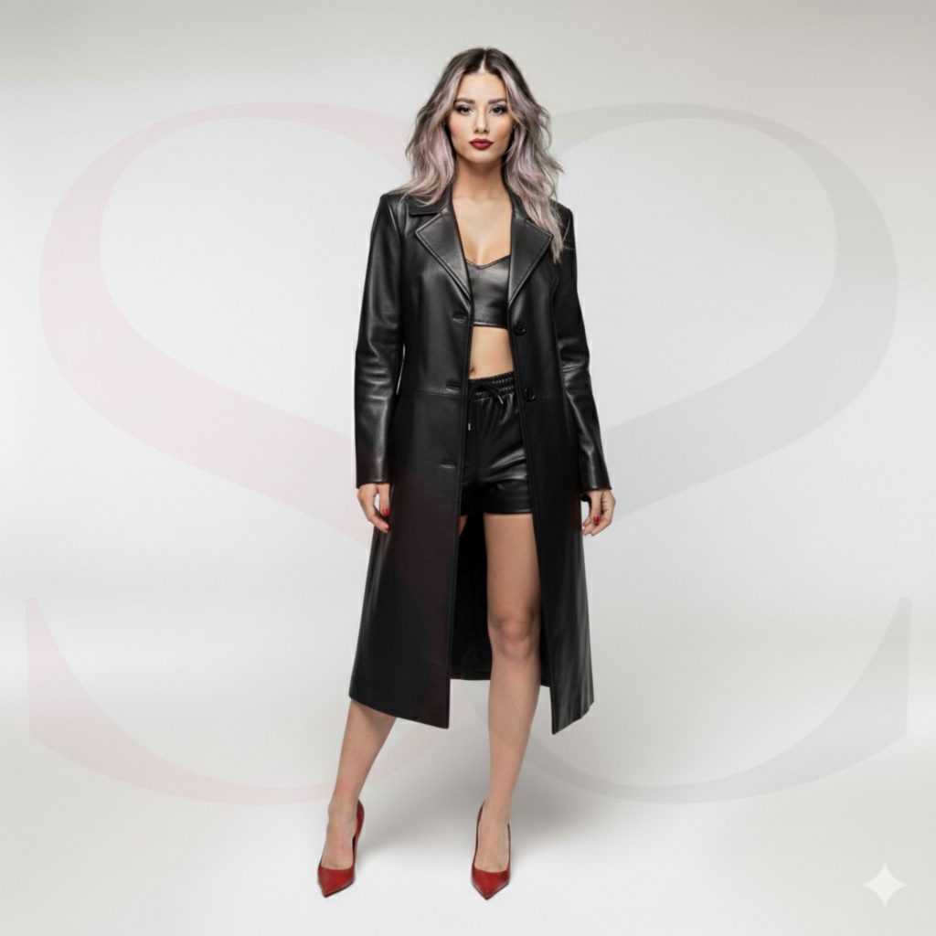 Chic Outerwear Ladies Leather Long Coat