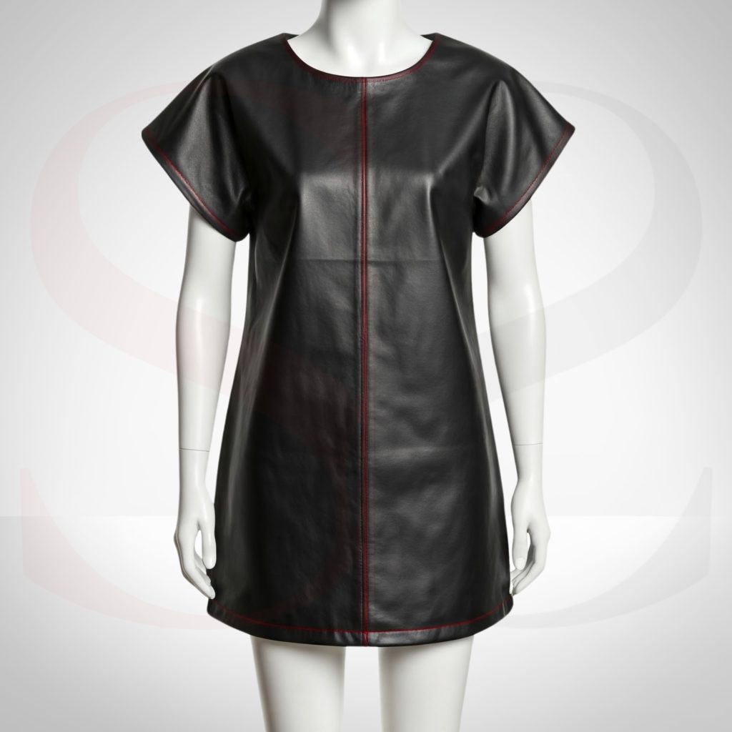 Street-Ready Look Leather Shift Dress With Red Stitch