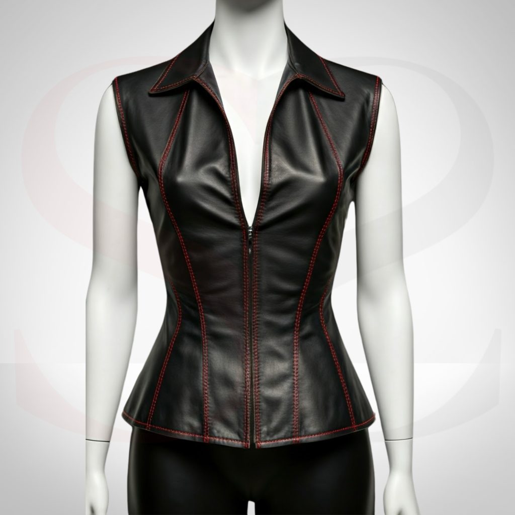 Zipper Closure Black Leather Tank Blouse With Red Stitch