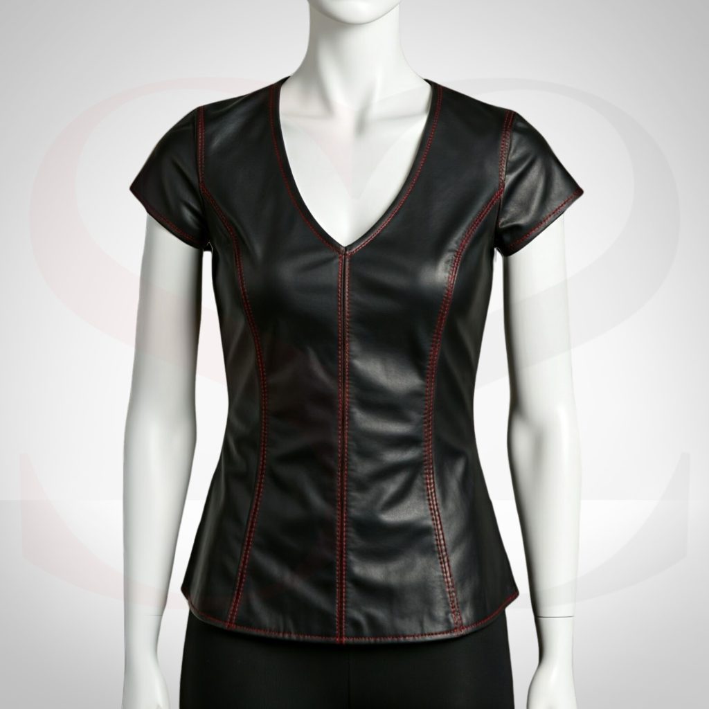 Elegant Touch Genuine Leather V Neck Tee With Red Stitch