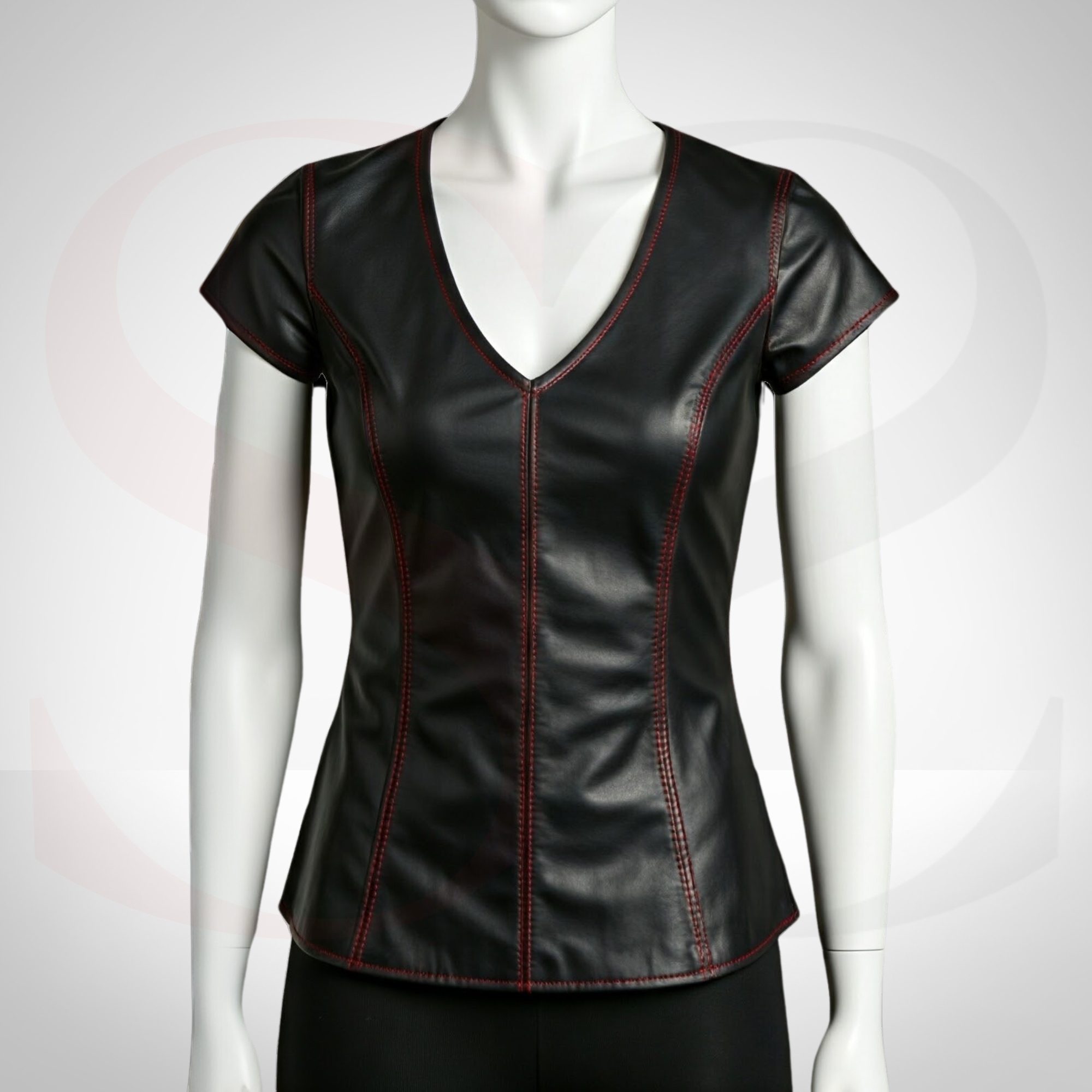 Redefine Your Wardrobe with the Elegant Touch Genuine Leather V Neck Tee With Red Stitch