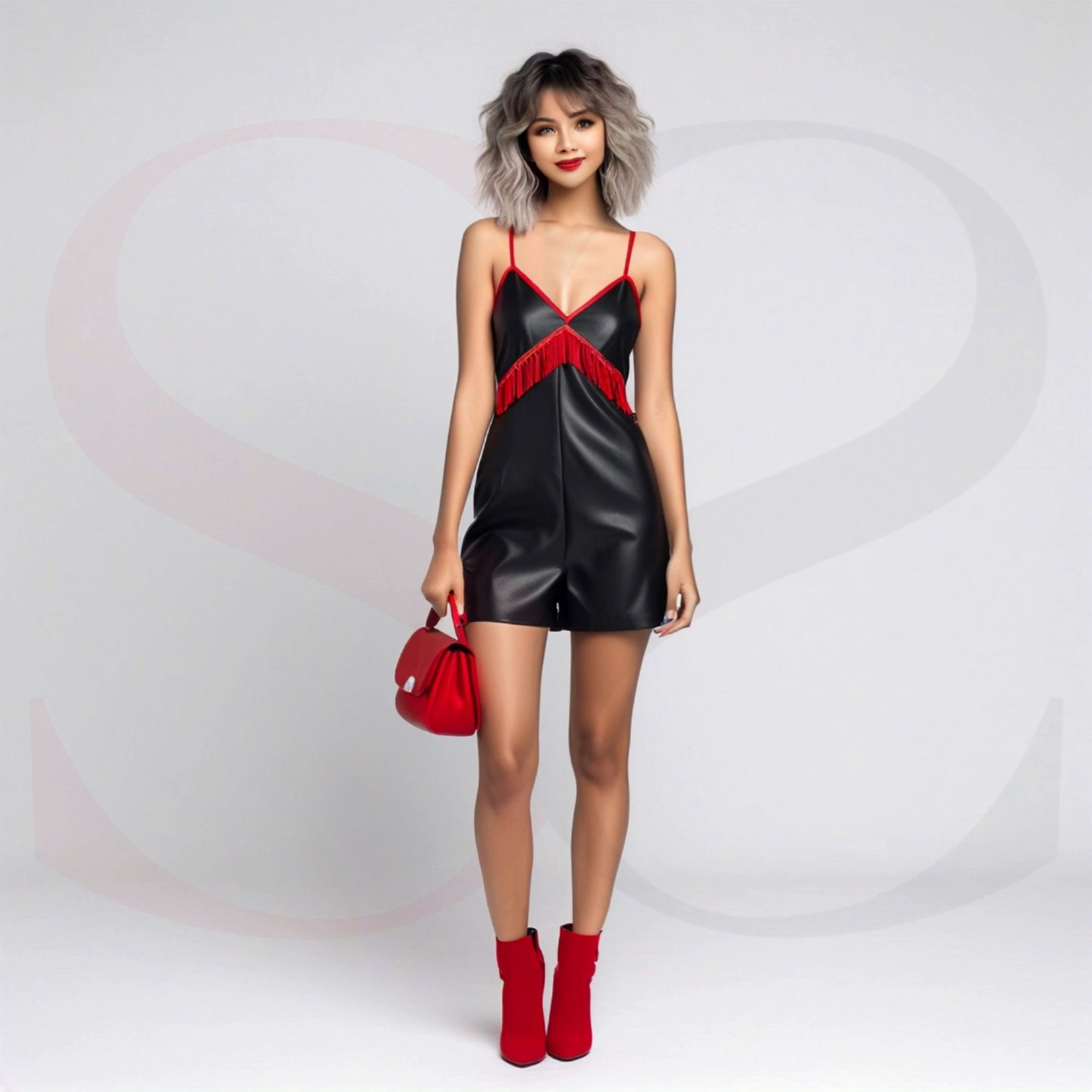 Make a Bold Fashion Move with a Black Real Leather Mini Slip Dress With Red Fringes