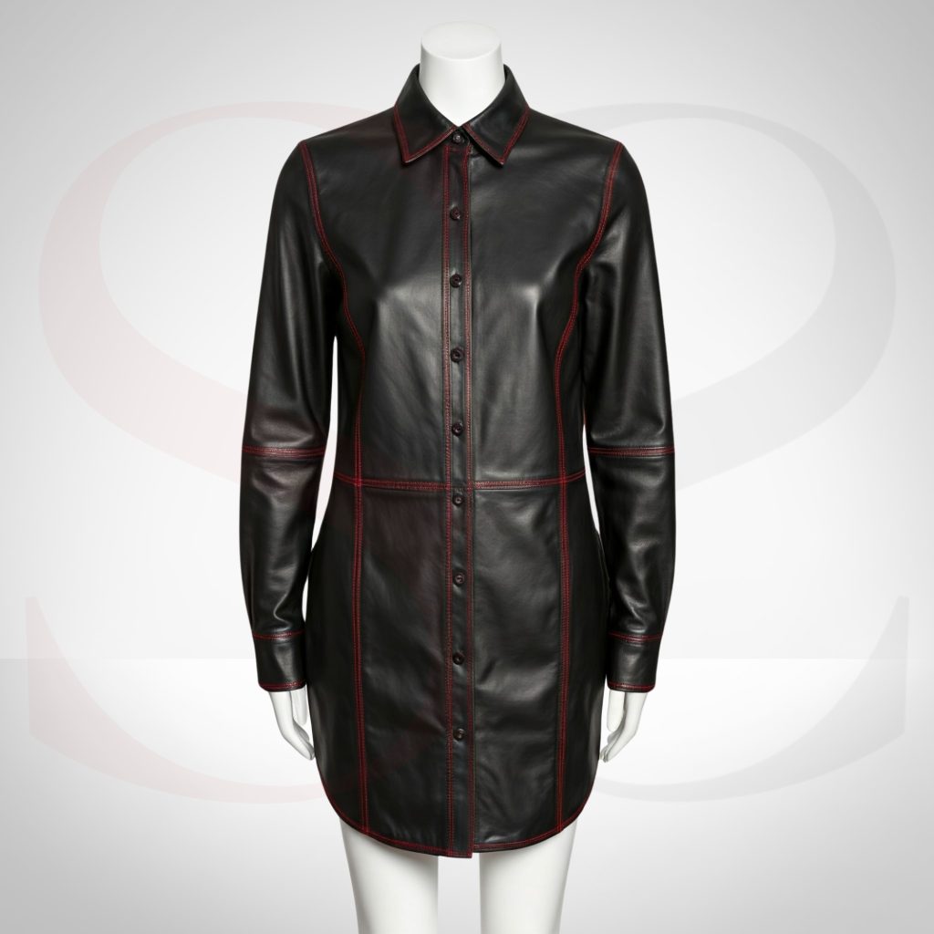 Enduring Style Leather Formal Shirt Dress With Red Stitch