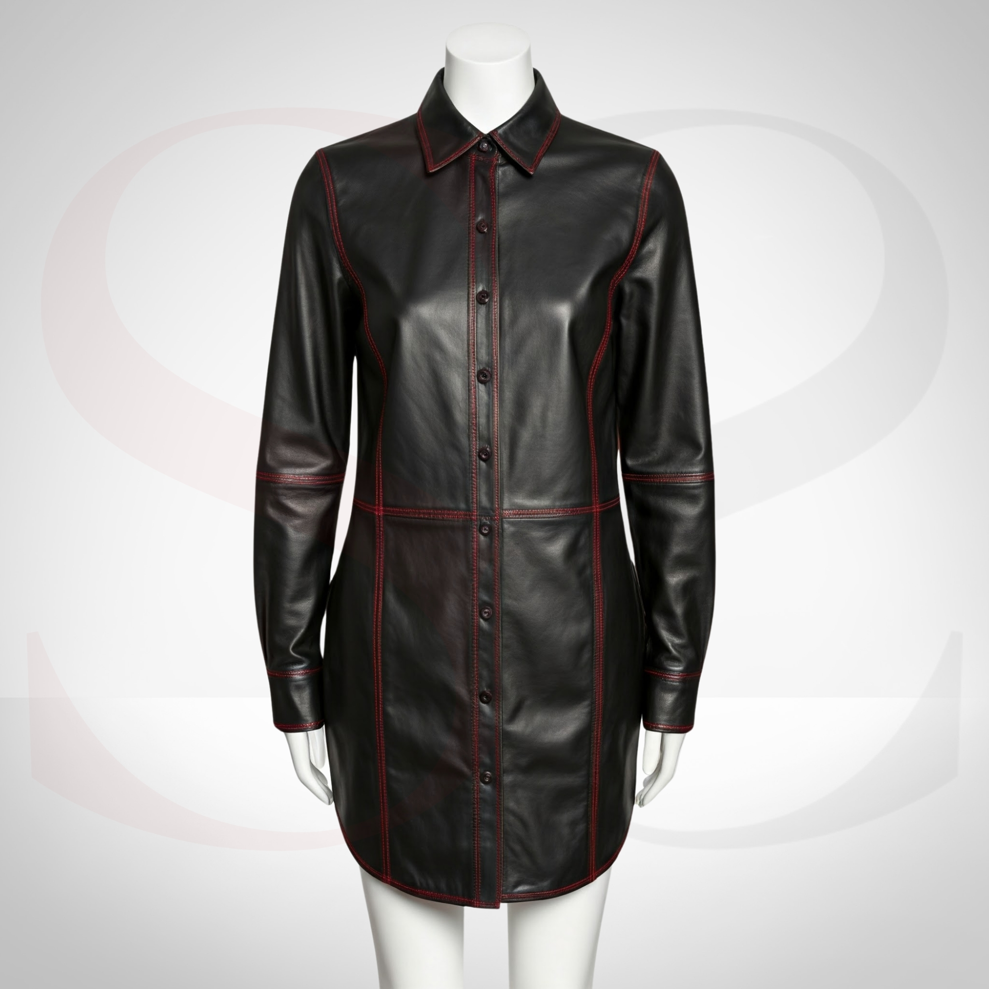 Embrace Bold Fashion with the Enduring Style Leather Formal Shirt Dress With Red Stitch