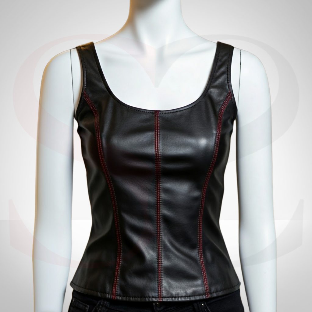 High-Grade Leather A Tank Top Sewn With Red Thread