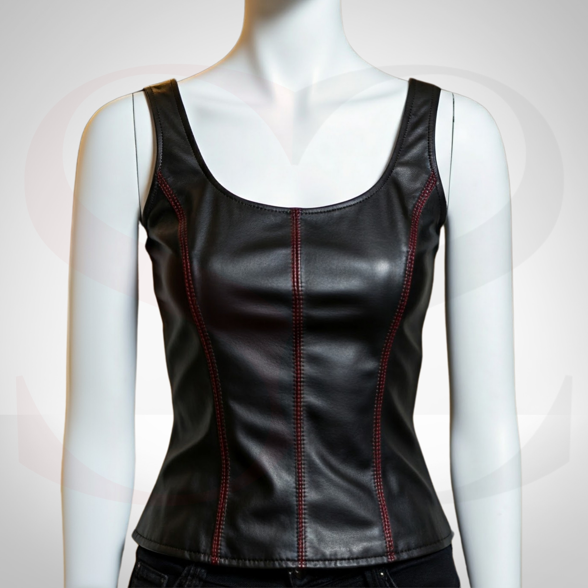 Redefine Leather Fashion with the High-Grade Leather A Tank Top Sewn With Red Thread