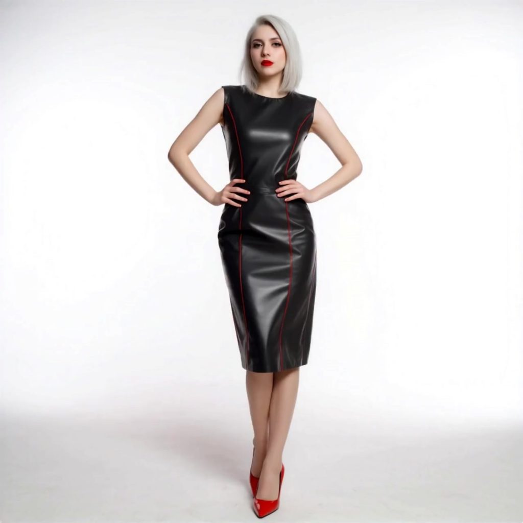 Matte Black Finish Leather Bodycon Dress With Red Stitch