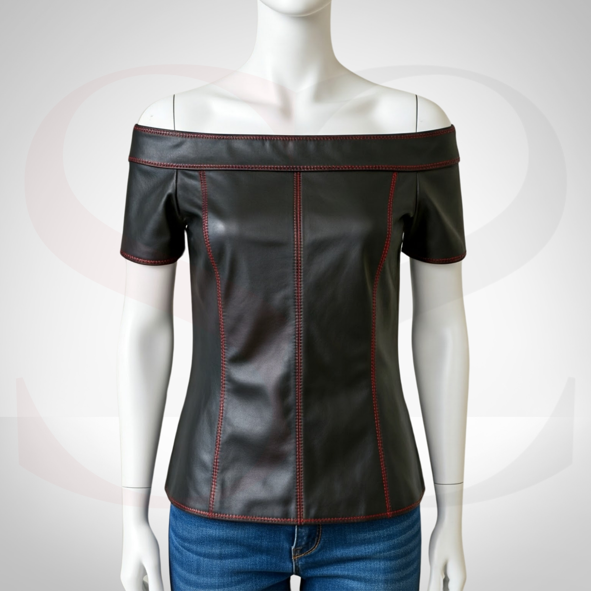 Add a Touch of Elegance to Your Wardrobe with the Sleek Comfort Leather Off Shoulder Dressy Top With Red Stitch