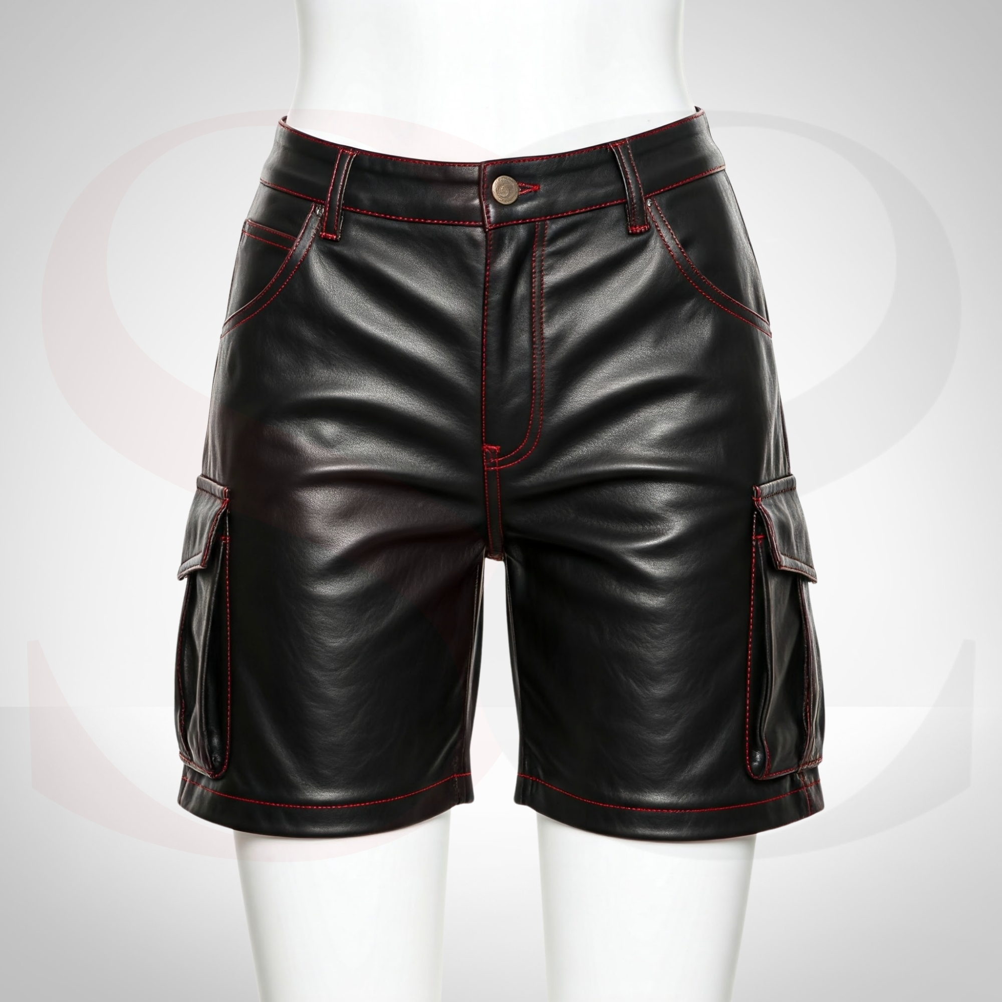Slay the Style Game in Black Leather Cargo Shorts With Red Stitch