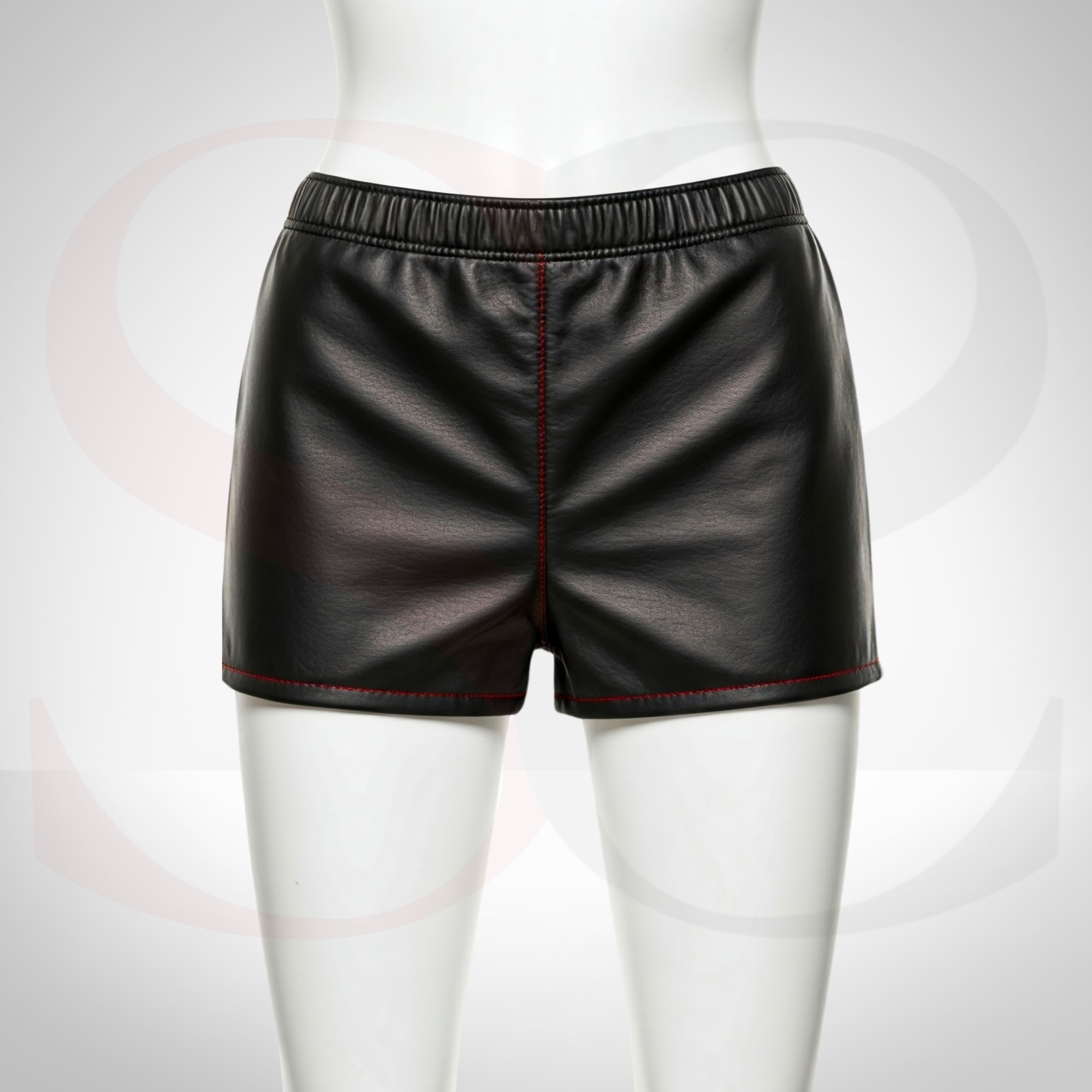 Show Off Your Bold Side with Black Leather High-Waisted Shorts With Red Stitch