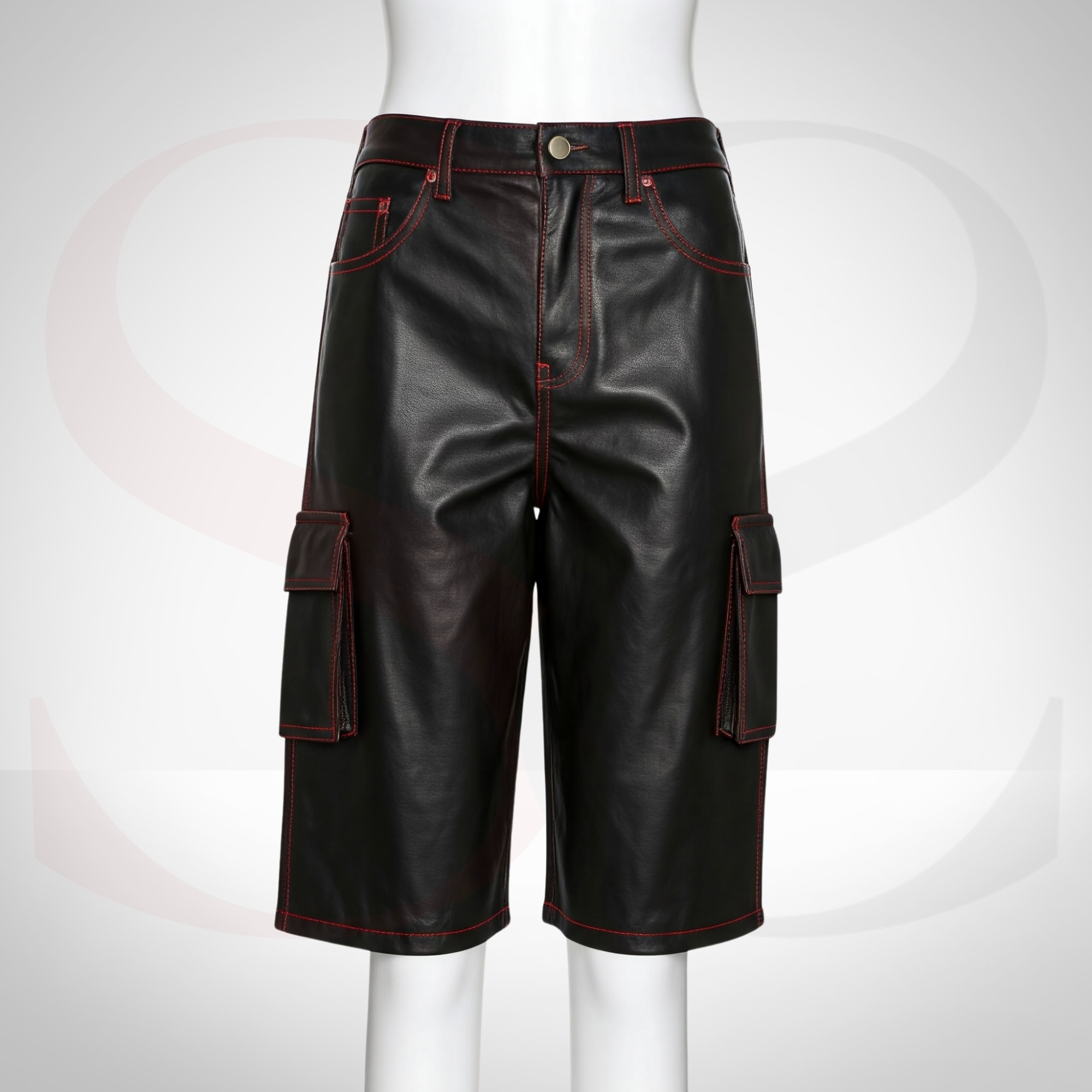 Level Up Your Wardrobe with Black Real Leather Cargo Shorts with Red Stitching