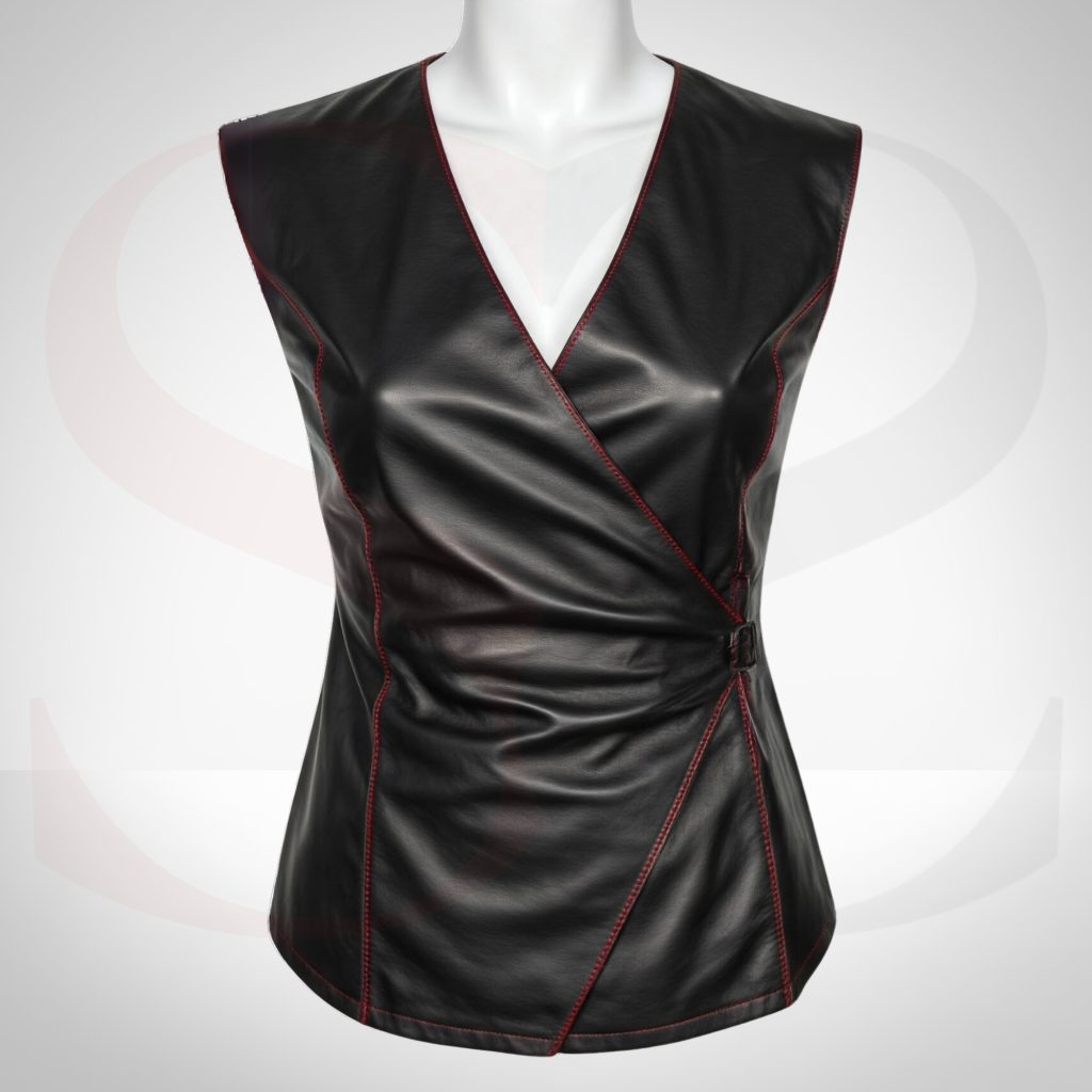 Black Leather Sleeveless Wrap Top