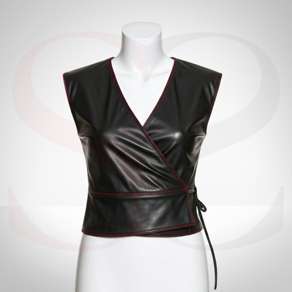 Designer Black Leather Wrap Top