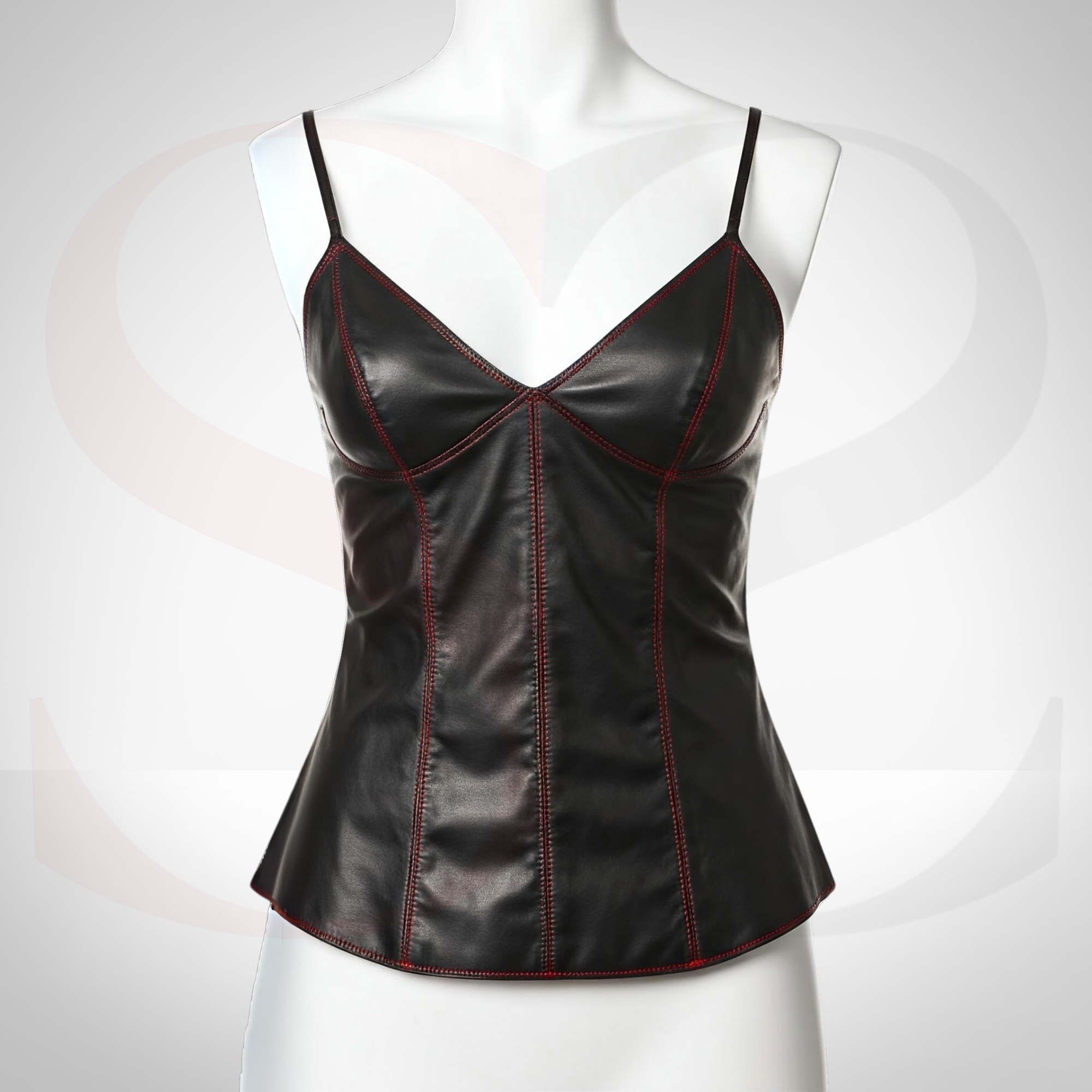 Unleash Modern Rebel Looks With This Leather Cami Top With Red Stitch