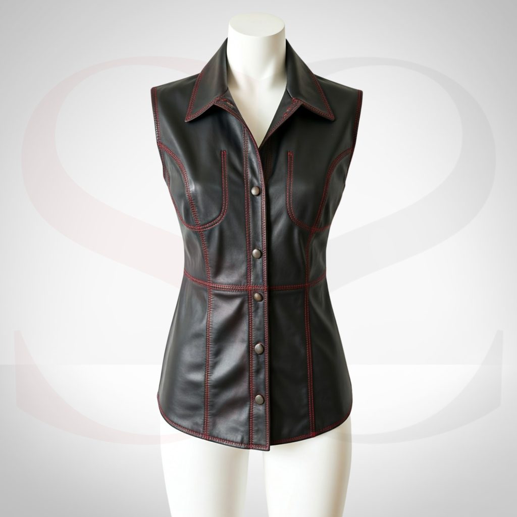 Leather Sleeveless Shirt With Red Stitch