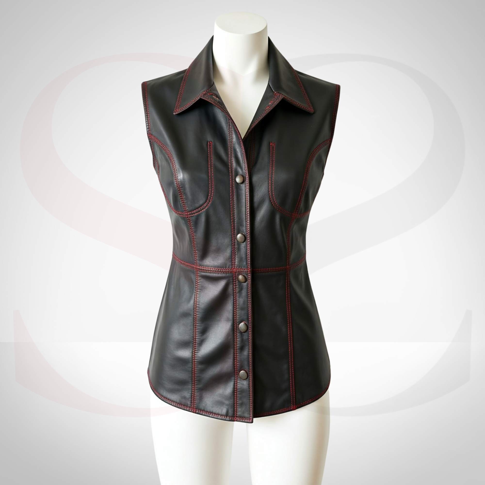 Bring Together Timeless Fit and Modern Edge With This Leather Sleeveless Shirt With Red Stitch