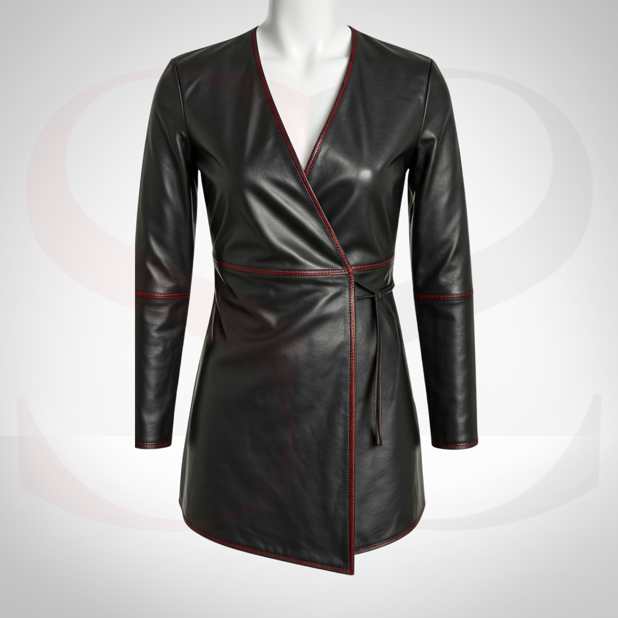 Own Effortless Street Glam With This Leather Wrap Dress With Red Stitch