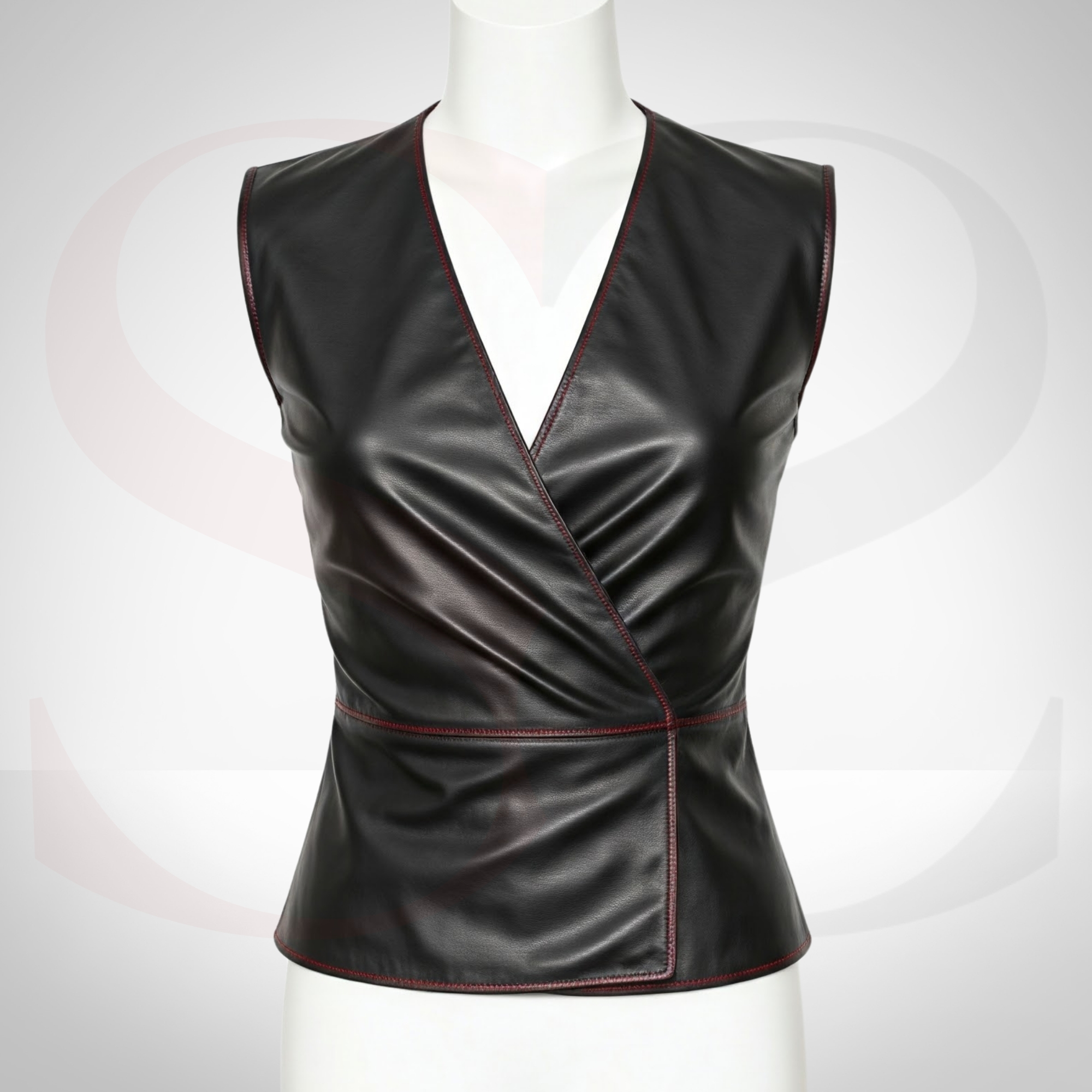 Let Your Style Speak Loud With This Leather Wrap Top With Red Stitch