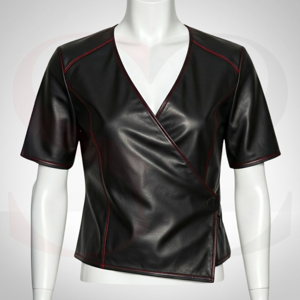Short Sleeve Leather Wrap Top