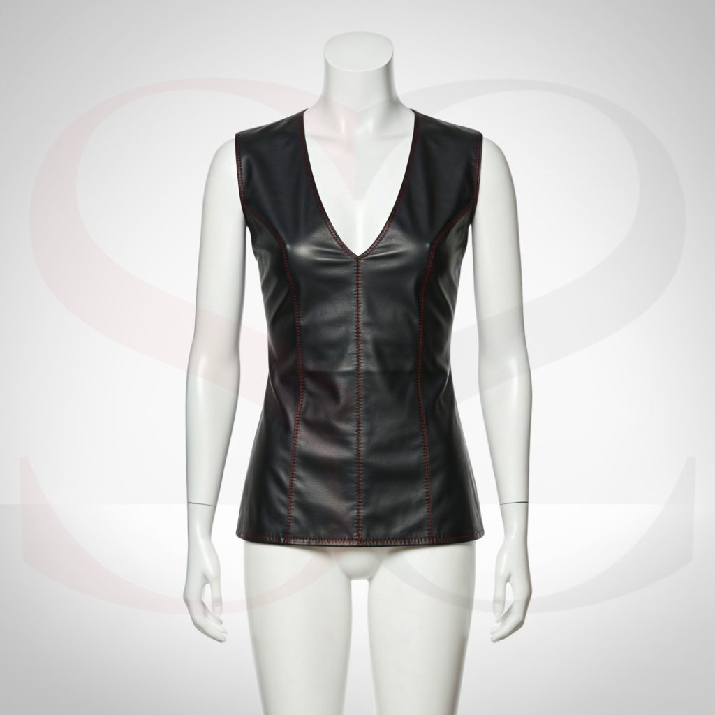 Stylish Black Leather V Neck Top